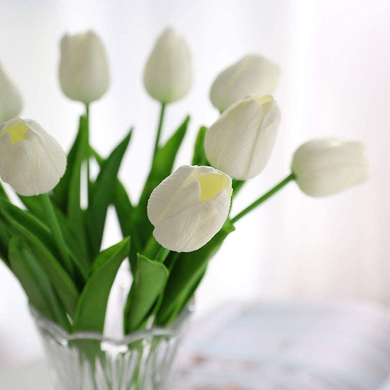 Kisflower 30Pcs Latex Tulips Real Touch White Artificial Flowers Fake Tulips Arrangement Bouquet for Home Office Wedding Decor (White) - Image 2